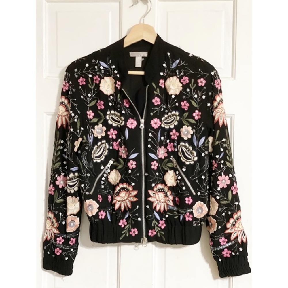 Aqua Capsule Needle embellished chiffon bomber jacket